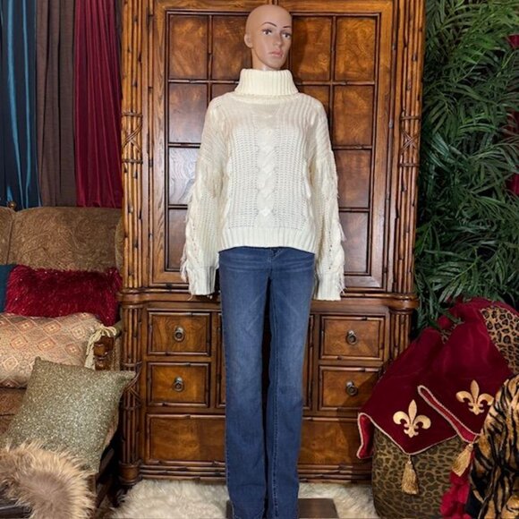 Connoto Ivory Cable Knit Fringe Sleeve Ribbed Turtleneck Sweater - Picture 6 of 16